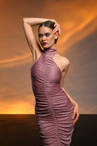 Gira Official-Gül Kurusu Parlak Taşlı Drapeli Elbise-Elbise-4-Milagron.com