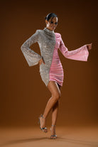 Gira Official-Gümüş Pembe Renk Bloklu Payetli Mini Elbise-Elbise-1-Milagron.com