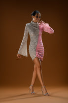 Gira Official-Gümüş Pembe Renk Bloklu Payetli Mini Elbise-Elbise-2-Milagron.com