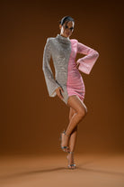 Gira Official-Gümüş Pembe Renk Bloklu Payetli Mini Elbise-Elbise-3-Milagron.com