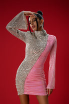 Gira Official-Gümüş Pembe Renk Bloklu Payetli Mini Elbise-Elbise-6-Milagron.com