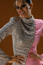 Gira Official-Gümüş Pembe Renk Bloklu Payetli Mini Elbise-Elbise-8-Milagron.com