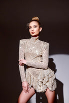 Gira Official-Gümüş&bej Payetli Boğazlı Volan Detaylı Mini Elbise-Elbise-1-Milagron.com