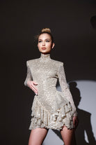 Gira Official-Gümüş&bej Payetli Boğazlı Volan Detaylı Mini Elbise-Elbise-5-Milagron.com