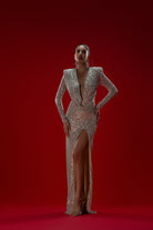 Gira Official-Gümüş/bej Payetli Drape Detaylı Maxi Elbise-Elbise-1-Milagron.com