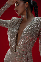 Gira Official-Gümüş/bej Payetli Drape Detaylı Maxi Elbise-Elbise-10-Milagron.com