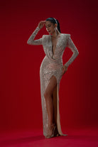 Gira Official-Gümüş/bej Payetli Drape Detaylı Maxi Elbise-Elbise-2-Milagron.com