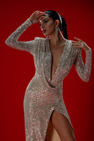 Gira Official-Gümüş/bej Payetli Drape Detaylı Maxi Elbise-Elbise-3-Milagron.com