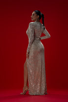 Gira Official-Gümüş/bej Payetli Drape Detaylı Maxi Elbise-Elbise-4-Milagron.com