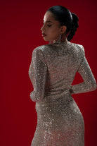 Gira Official-Gümüş/bej Payetli Drape Detaylı Maxi Elbise-Elbise-6-Milagron.com