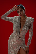 Gira Official-Gümüş/bej Payetli Drape Detaylı Maxi Elbise-Elbise-7-Milagron.com