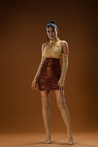 Gira Official-Kahve Gold Payetli 2 Renkli Mini Elbise-Elbise-1-Milagron.com