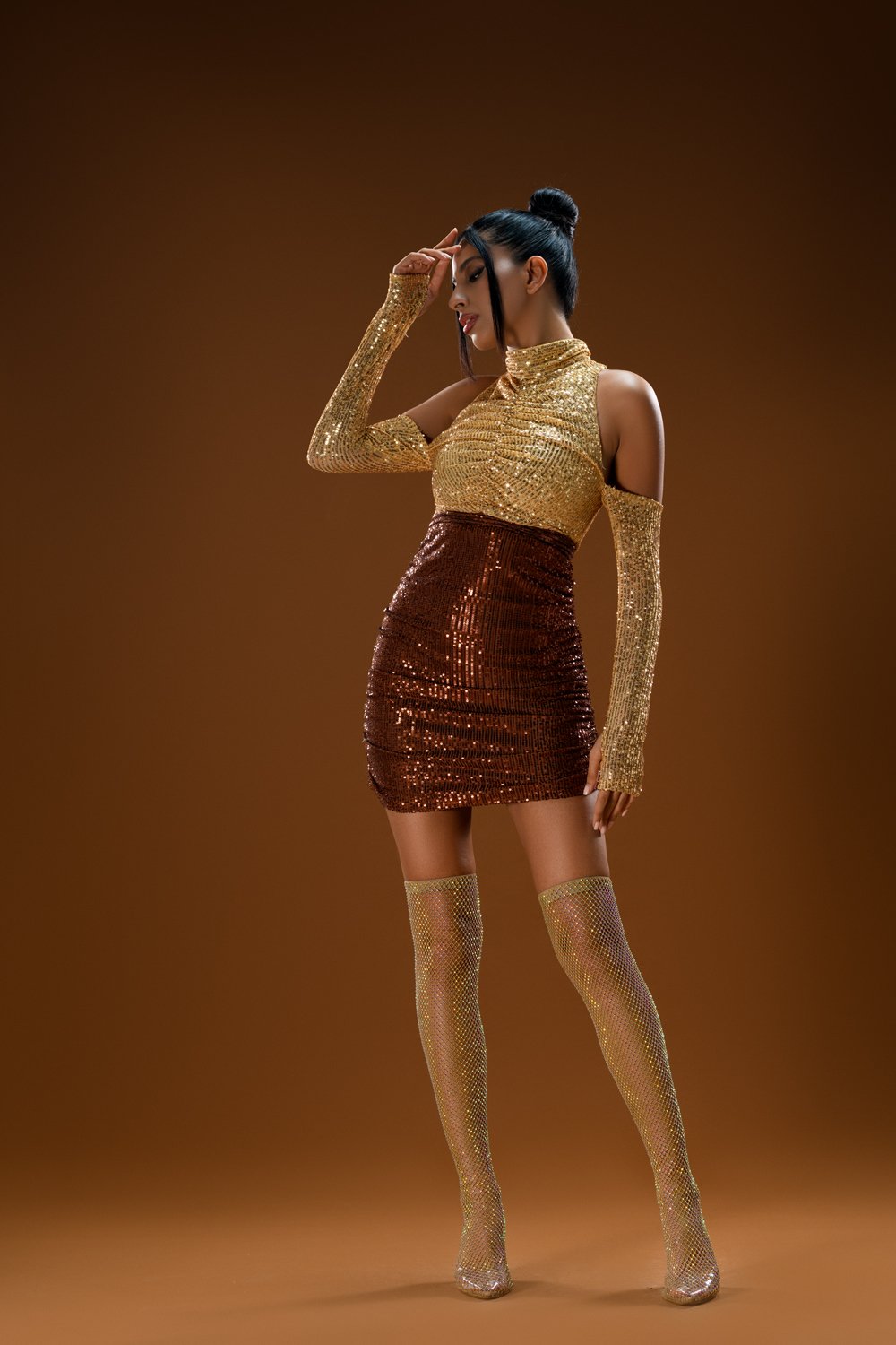 Gira Official-Kahve Gold Payetli 2 Renkli Mini Elbise-Elbise-4-Milagron.com