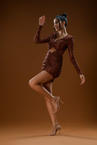 Gira Official-Kahverengi Payetli Cut Out Detaylı Mini Elbise-Elbise-1-Milagron.com
