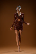 Gira Official-Kahverengi Payetli Cut Out Detaylı Mini Elbise-Elbise-5-Milagron.com