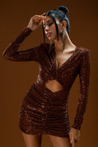 Gira Official-Kahverengi Payetli Cut Out Detaylı Mini Elbise-Elbise-6-Milagron.com