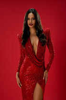 Gira Official-Kırmızı Payetli Drape Detaylı Maxi Elbise-Elbise-4-Milagron.com