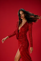 Gira Official-Kırmızı Payetli Drape Detaylı Maxi Elbise-Elbise-8-Milagron.com