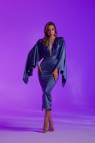 Gira Official-Koyu Mavi Saten Geniş Kollu Midi Elbise-Elbise-1-Milagron.com