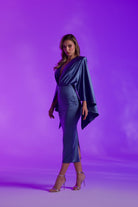 Gira Official-Koyu Mavi Saten Geniş Kollu Midi Elbise-Elbise-2-Milagron.com