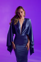 Gira Official-Koyu Mavi Saten Geniş Kollu Midi Elbise-Elbise-3-Milagron.com