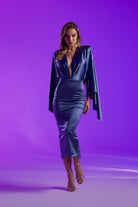 Gira Official-Koyu Mavi Saten Geniş Kollu Midi Elbise-Elbise-4-Milagron.com