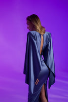 Gira Official-Koyu Mavi Saten Geniş Kollu Midi Elbise-Elbise-5-Milagron.com