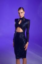 Gira Official-Lacivert Payetli Boğazlı Pencere Detaylı Midi Elbise-Elbise-4-Milagron.com