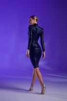 Gira Official-Lacivert Payetli Boğazlı Pencere Detaylı Midi Elbise-Elbise-5-Milagron.com