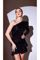 Gira Official-Lacivert Tek Omuz Payetli Elbise-Elbise-1-Milagron.com