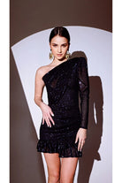 Gira Official-Lacivert Tek Omuz Payetli Elbise-Elbise-3-Milagron.com