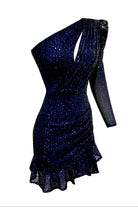 Gira Official-Lacivert Tek Omuz Payetli Elbise-Elbise-4-Milagron.com