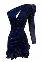 Gira Official-Lacivert Tek Omuz Payetli Elbise-Elbise-5-Milagron.com