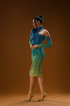 Gira Official-Lacivert Yeşil Degrade Omuz Detaylı Midi Elbise-Elbise-1-Milagron.com