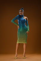 Gira Official-Lacivert Yeşil Degrade Omuz Detaylı Midi Elbise-Elbise-2-Milagron.com