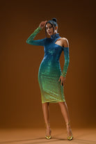 Gira Official-Lacivert Yeşil Degrade Omuz Detaylı Midi Elbise-Elbise-4-Milagron.com