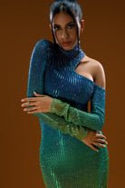 Gira Official-Lacivert Yeşil Degrade Omuz Detaylı Midi Elbise-Elbise-6-Milagron.com