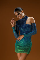 Gira Official-Lacivert Yeşil Degrade Omuz Detaylı Mini Elbise-Elbise-6-Milagron.com