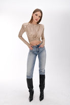 Light Gold Metalik Efektli Vatkalı Crop Top - 2