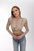 Light Gold Metalik Efektli Vatkalı Crop Top - 4