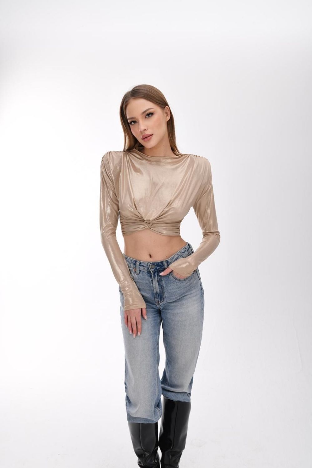 Light Gold Metalik Efektli Vatkalı Crop Top - 5