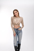 Light Gold Metalik Efektli Vatkalı Crop Top - 5