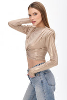 Light Gold Metalik Efektli Vatkalı Crop Top - 7