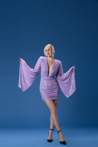 Gira Official-Lila Geniş Kol Detaylı Payetli Mini Elbise-Elbise-4-Milagron.com