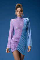 Gira Official-Lila Mavi Renk Bloklu Payetli Mini Elbise-Elbise-1-Milagron.com