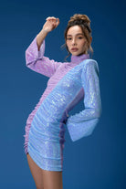 Gira Official-Lila Mavi Renk Bloklu Payetli Mini Elbise-Elbise-3-Milagron.com