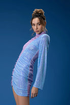 Gira Official-Lila Mavi Renk Bloklu Payetli Mini Elbise-Elbise-4-Milagron.com