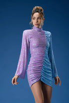 Gira Official-Lila Mavi Renk Bloklu Payetli Mini Elbise-Elbise-5-Milagron.com