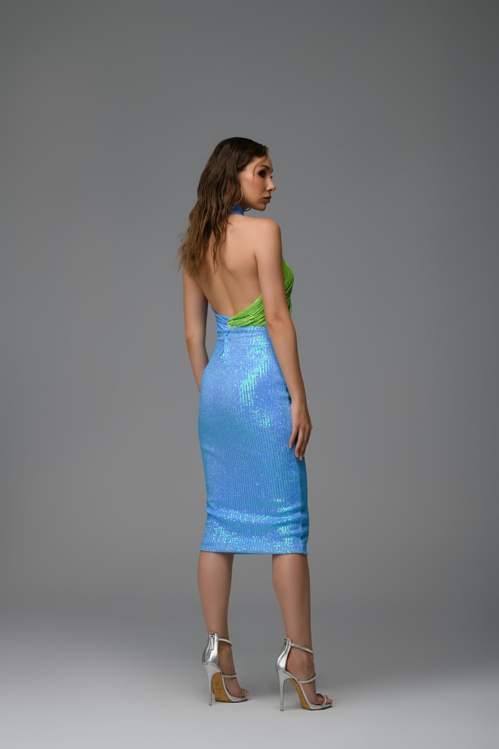Gira Official-Mavi Yeşil Payetli Çapraz Detaylı Midi Elbise-Elbise-4-Milagron.com