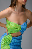 Gira Official-Mavi Yeşil Payetli Cut Out Detaylı Straplez Elbise-Elbise-1-Milagron.com